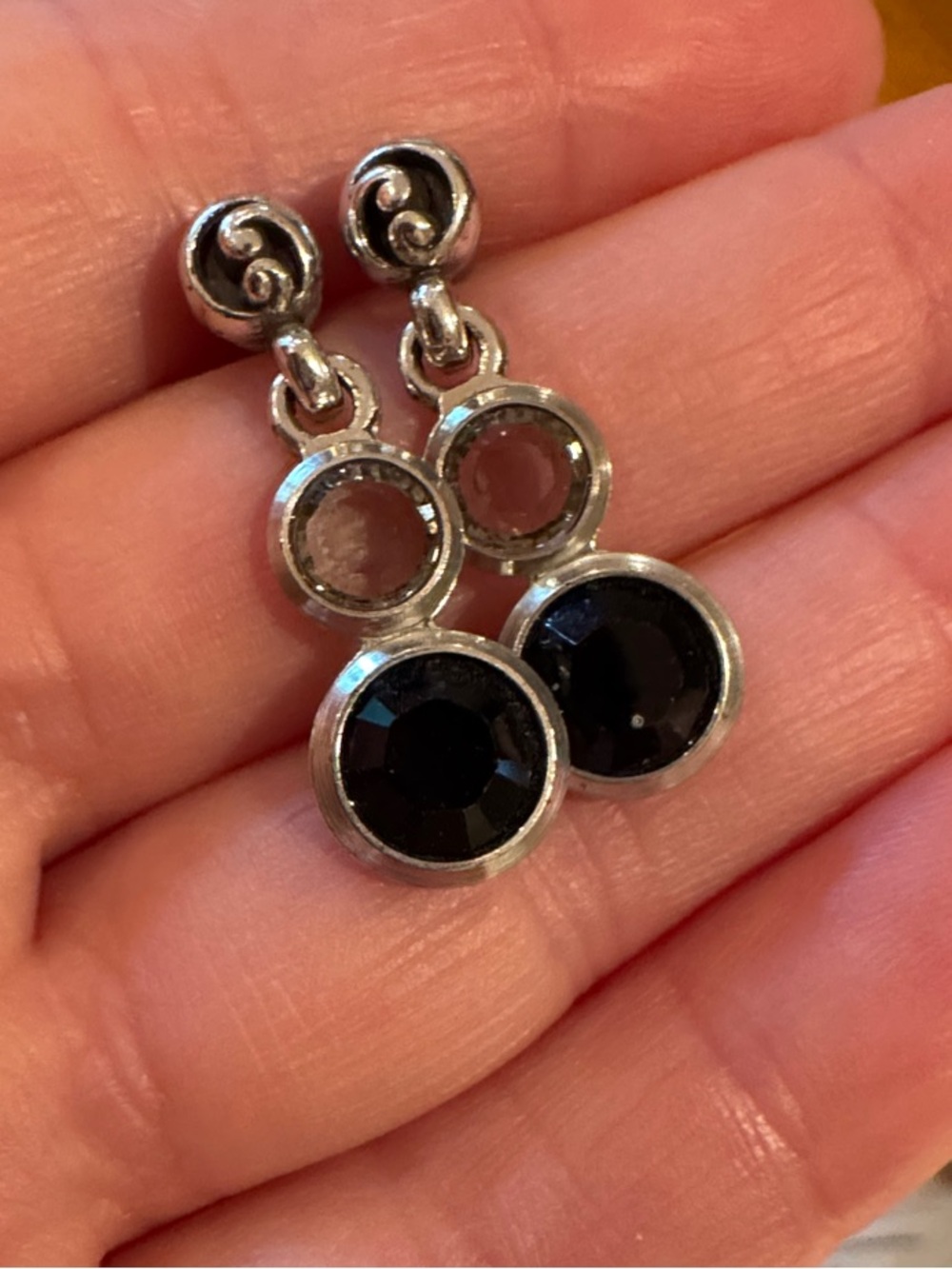 Brighton Silver Drop Earrings with Black and Clear Stones